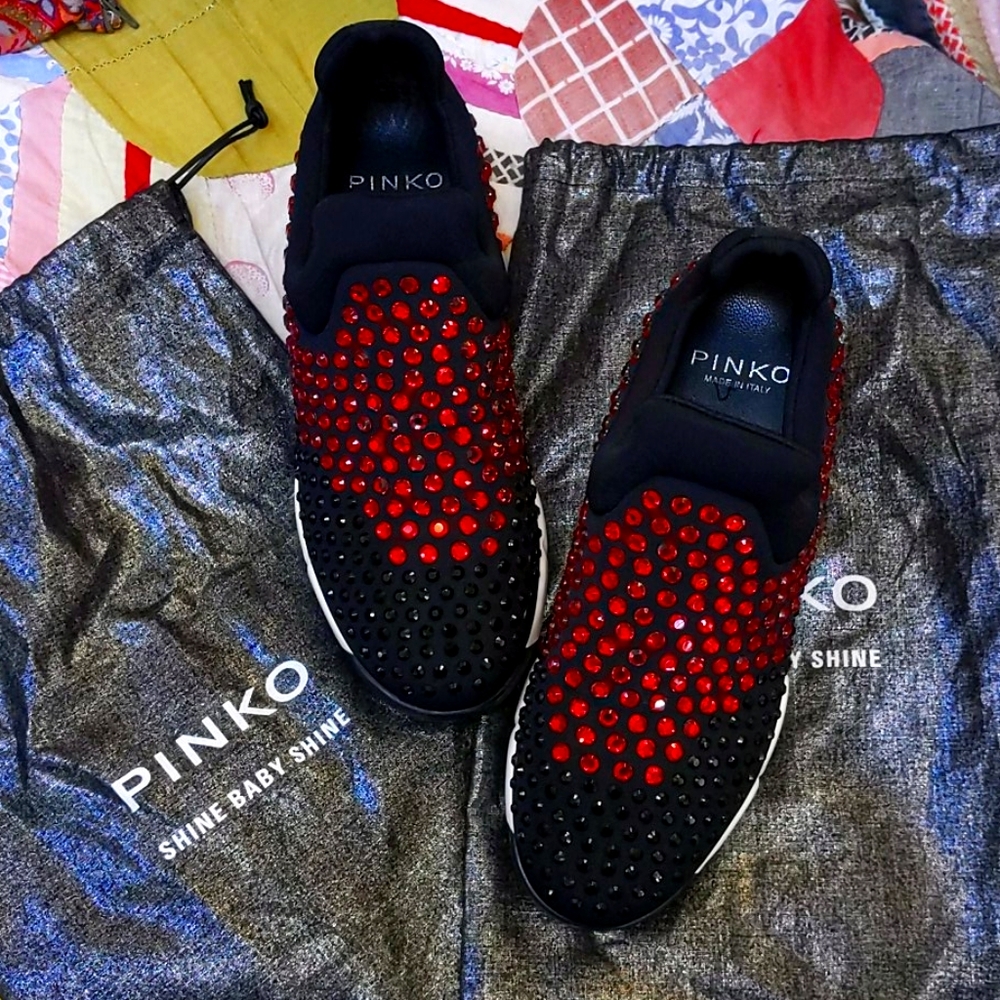 PINKO slip ons with red and black stones. Like New.